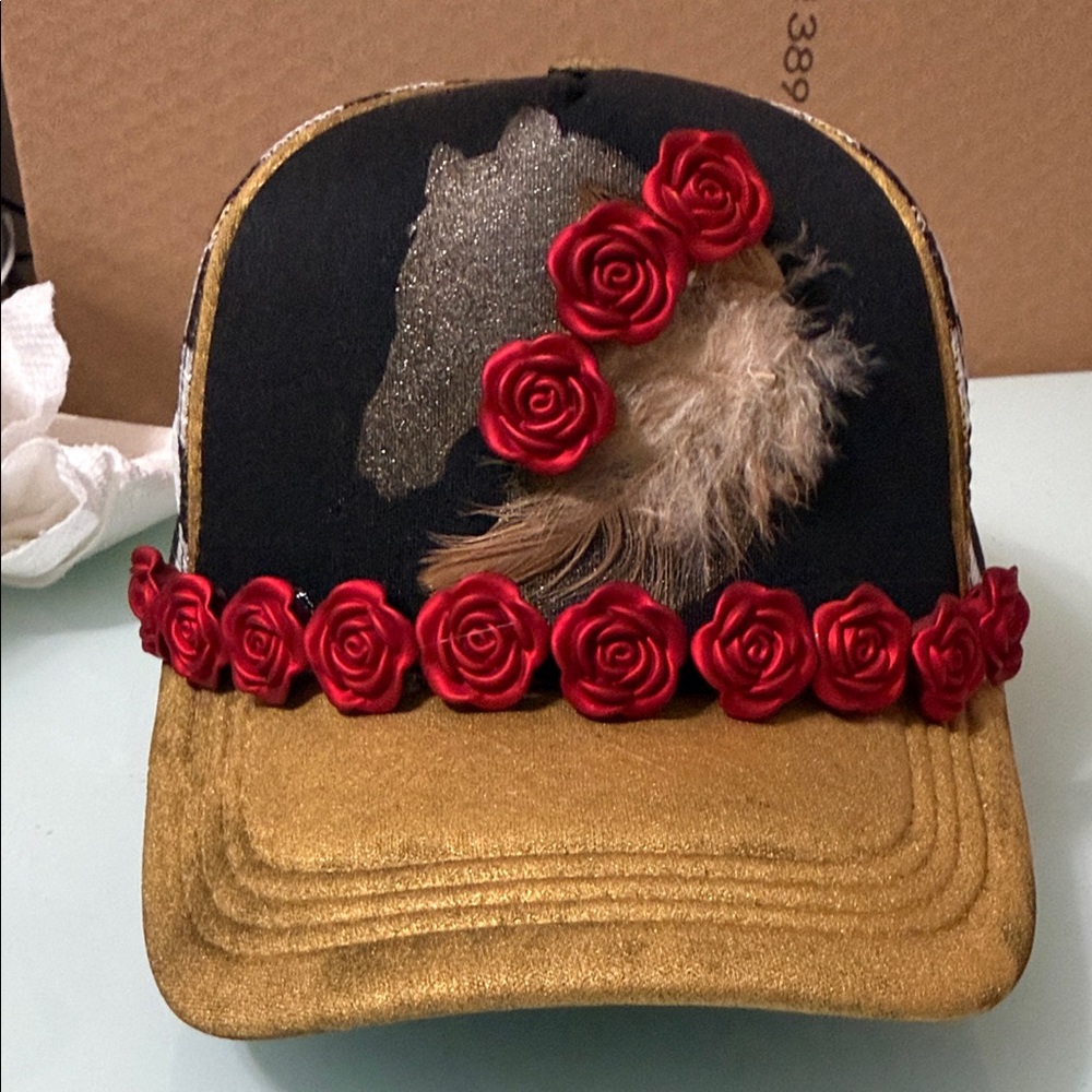 Gold & Black Trucker Hat with Red Rose and Feather Embellishments